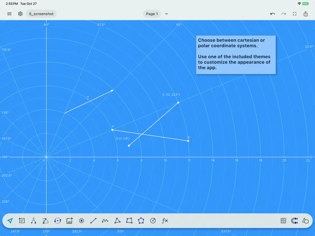Points and segments on a polar grid in the blueprint theme