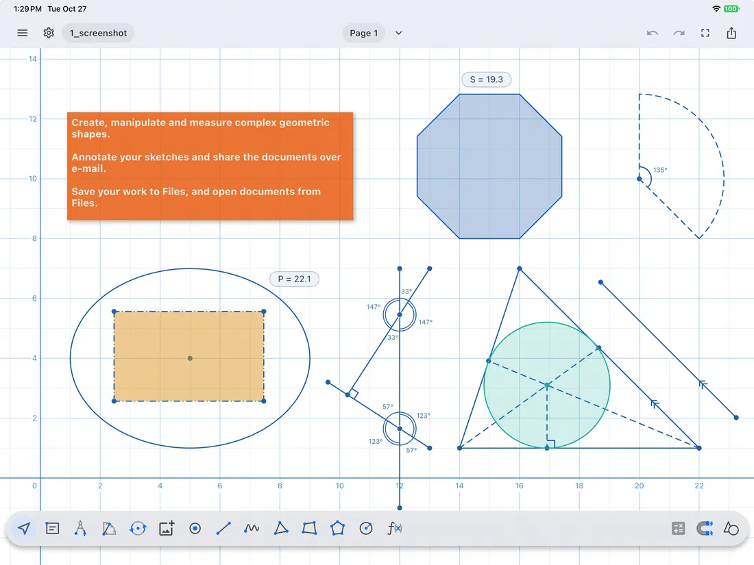 A canvas with an octagon, a sector, an ellipse around a rectangle, crossing lines with their angles, and a triangle with its incircle
