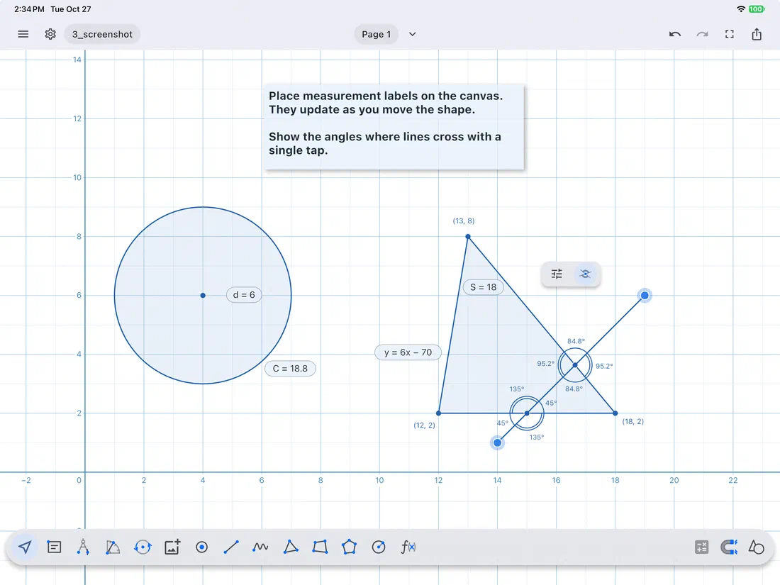 Measurement labels on a circle and a triangle, with the angles where its sides cross