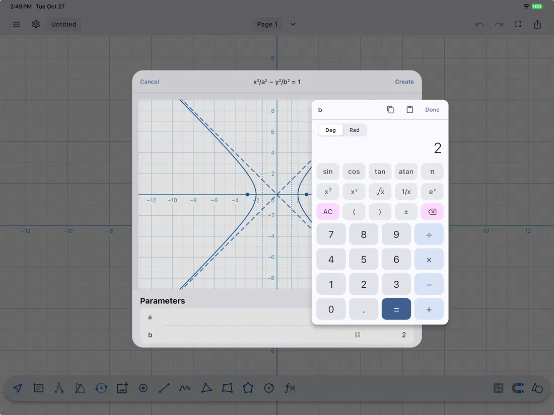 Building a hyperbola from its equation, with the built-in calculator