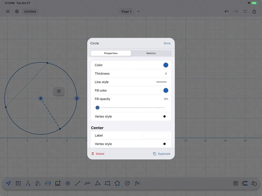 The properties editor of a circle